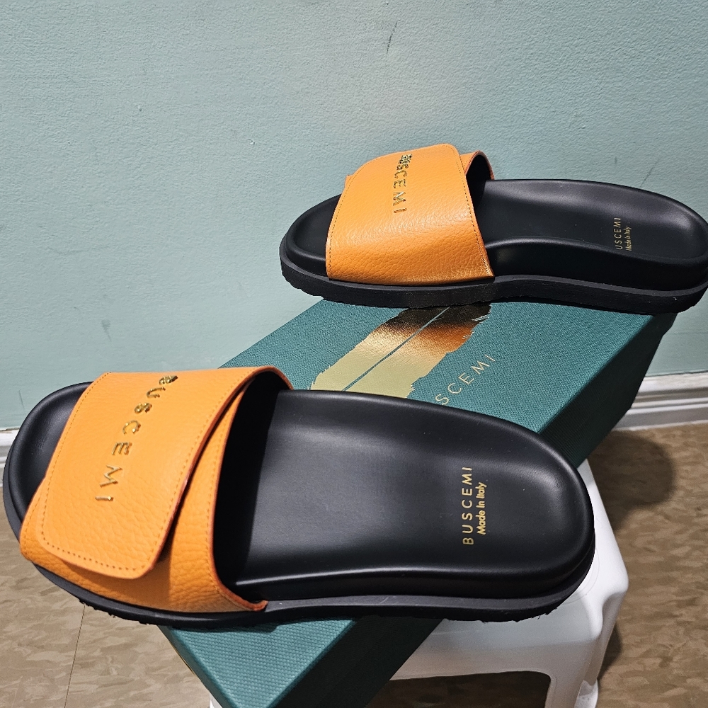 NIB BUSCEMI Scratch Pebbled Leather Orange Black Slides Sandals sz 37 - Picture 10 of 10